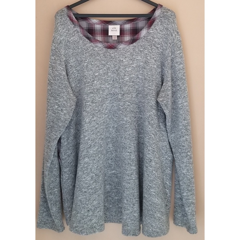 KNOX ROSE Pull-On Scoop Neck GRAY Plaid Waffle Knit Mix Long Sleeve Shirt Sz XXL